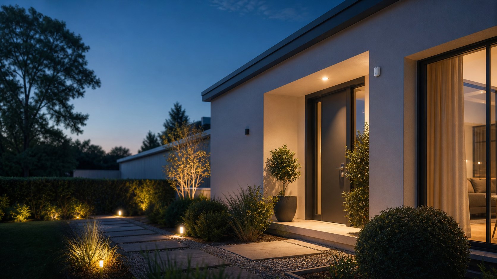 Maison protégée à la tombée de la nuit